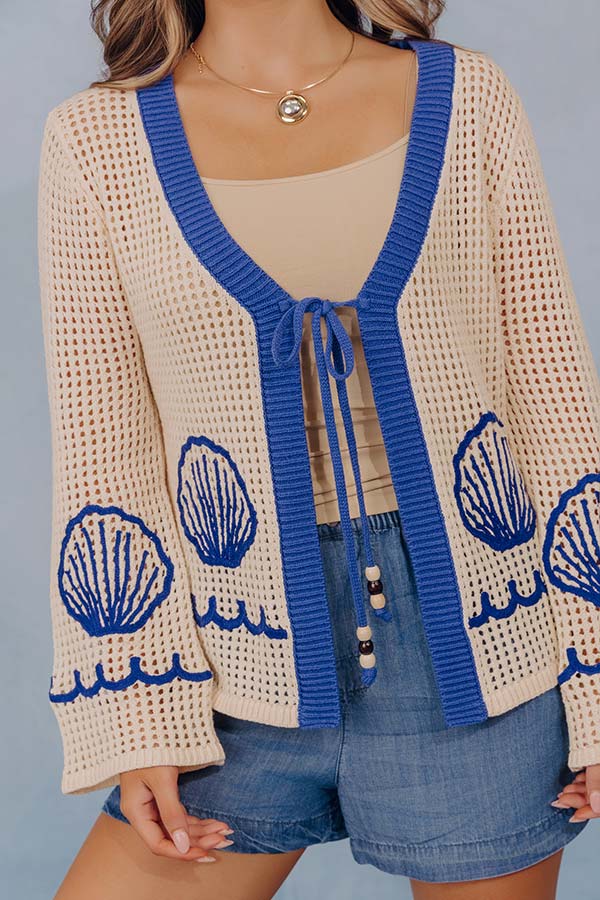Seaside Stroll Front Tie Embroidered Cardigan Image - 4