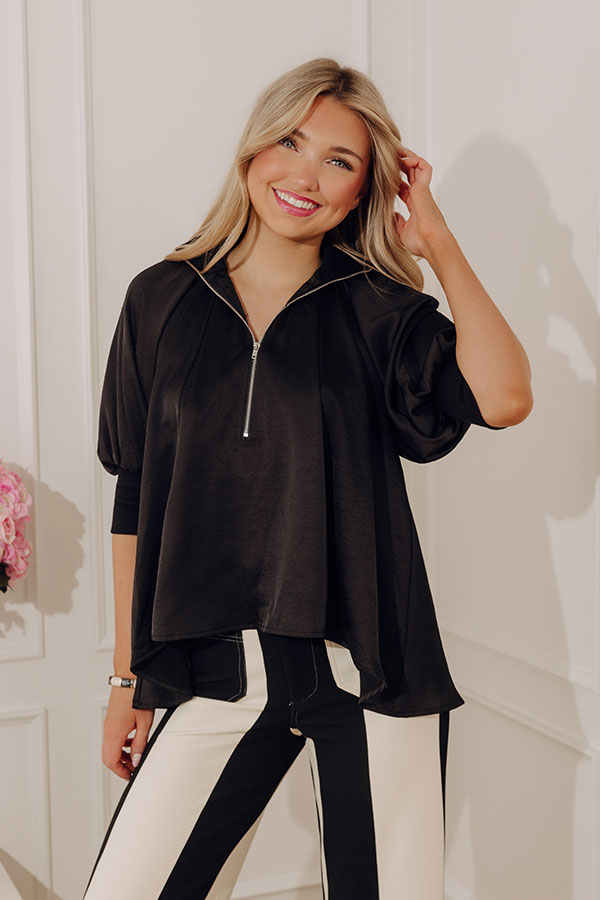 City Staple Satin Quarter Zip Top in Black Image - 1