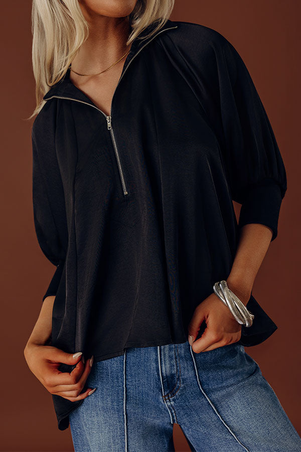 City Staple Satin Quarter Zip Top in Black Image - 2