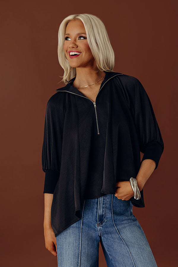 City Staple Satin Quarter Zip Top in Black Image - 1