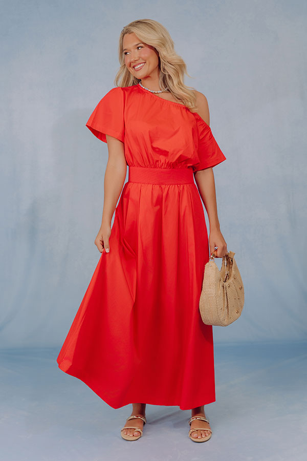 Soho Evening Asymmetrical Poplin Maxi Dress in Scarlet Image - 2