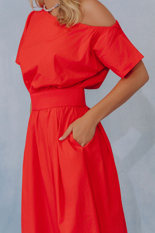 Soho Evening Asymmetrical Poplin Maxi Dress in Scarlet Image - 5