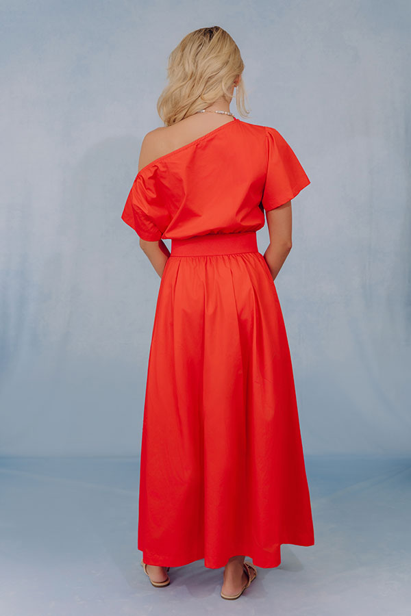Soho Evening Asymmetrical Poplin Maxi Dress in Scarlet Image - 4