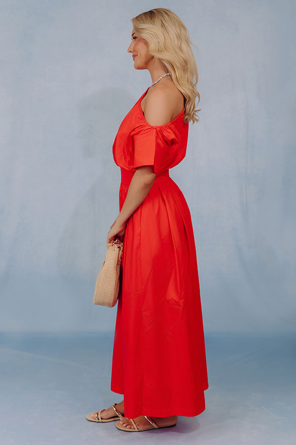 Soho Evening Asymmetrical Poplin Maxi Dress in Scarlet Image - 3