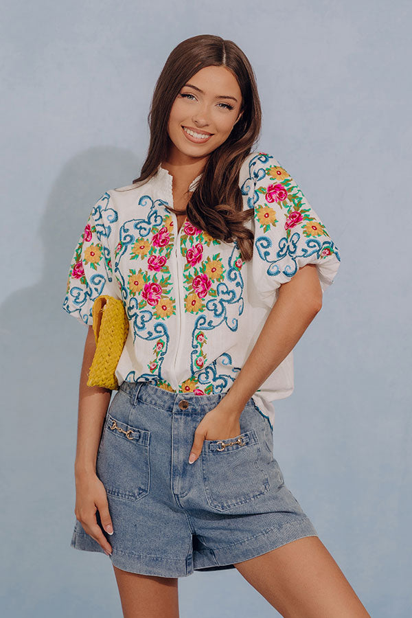 Bloom and Vine Embroidered Linen-Blend Top