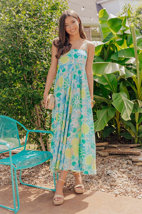 Coastal Mosaic Floral Midi Dress Image - 1