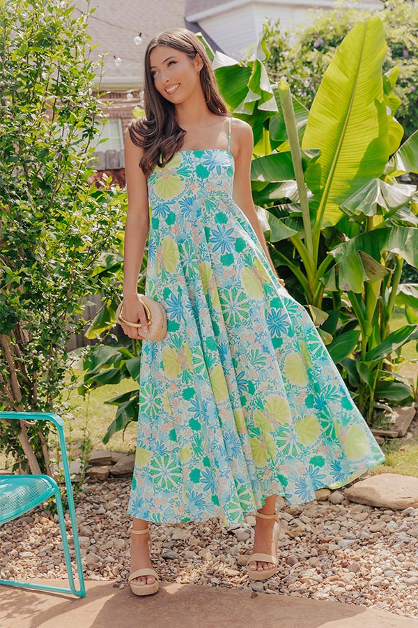 Coastal Mosaic Floral Midi Dress S / lime