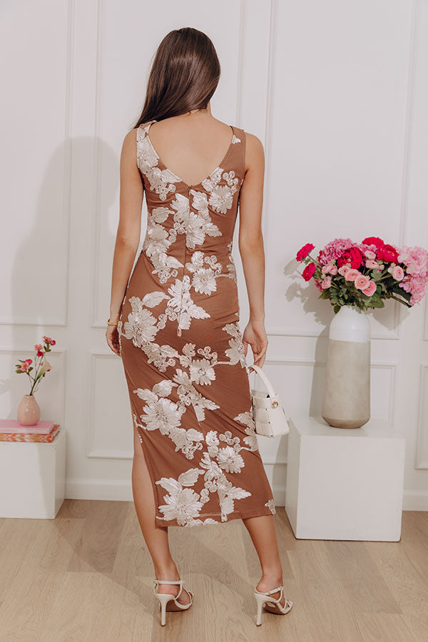 Opulent Evening Floral Mesh Midi Dress Image - 5