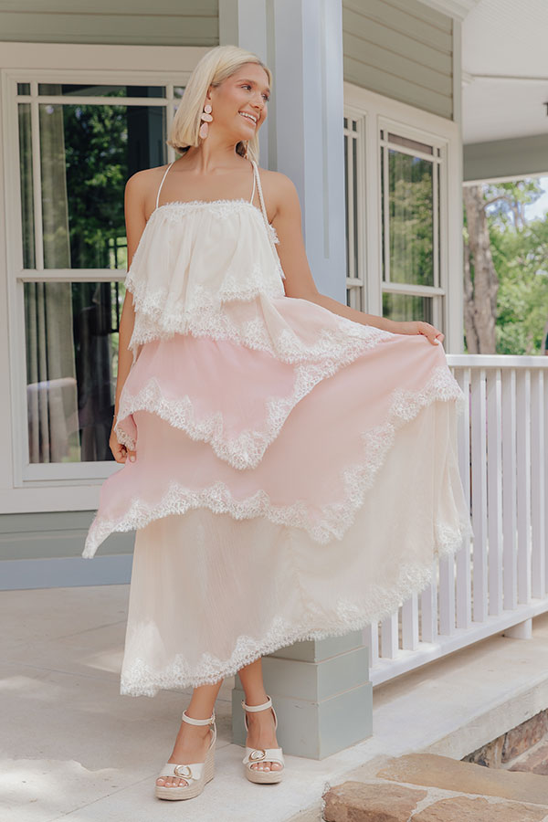Moonlit Romance Tiered Lace Trim Midi Dress Image - 1
