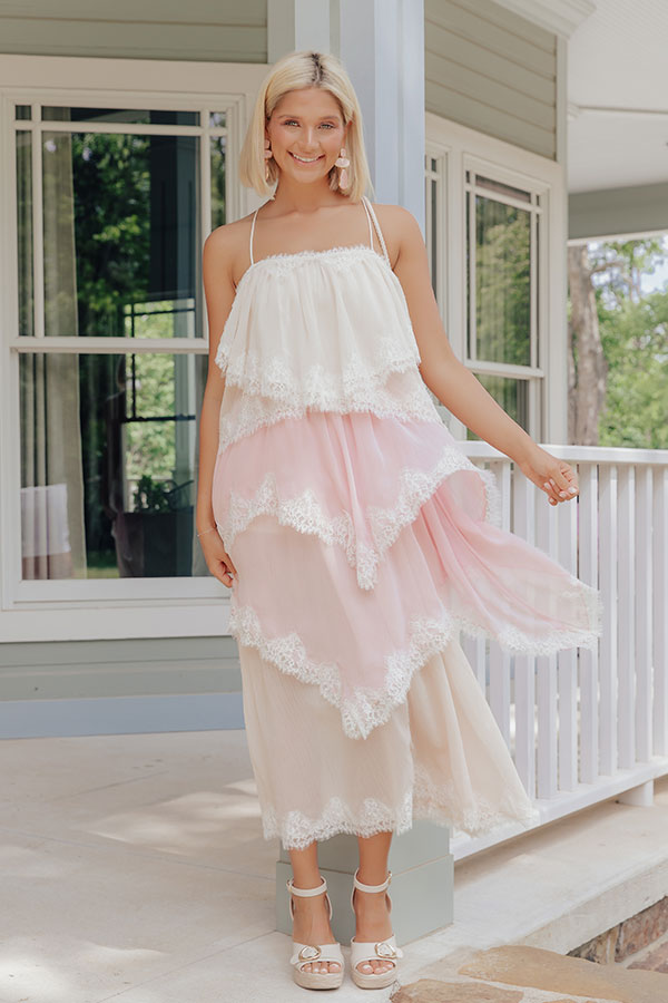 Moonlit Romance Tiered Lace Trim Midi Dress Image - 2