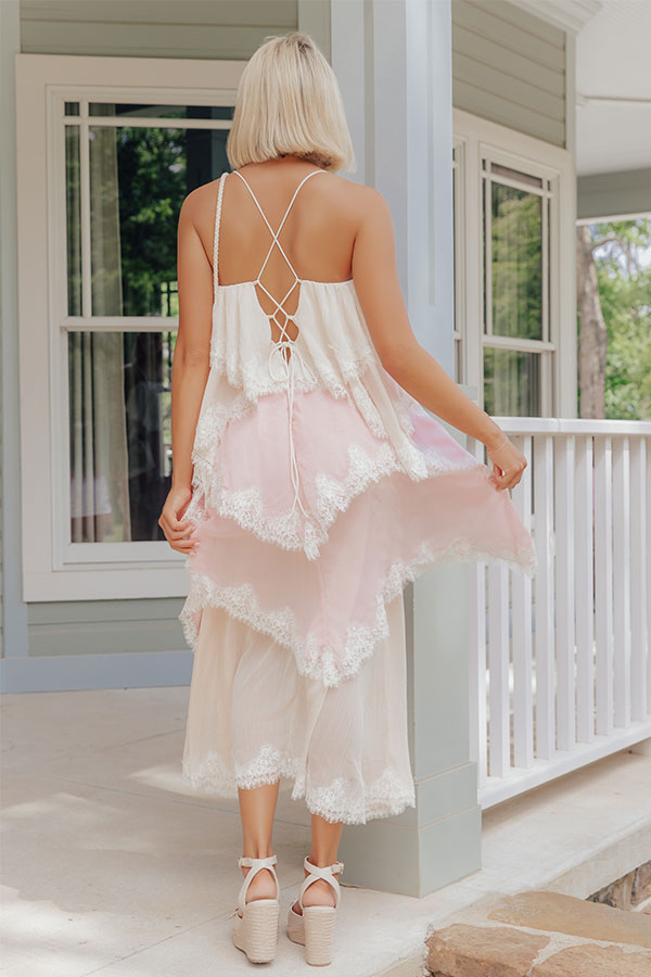 Moonlit Romance Tiered Lace Trim Midi Dress