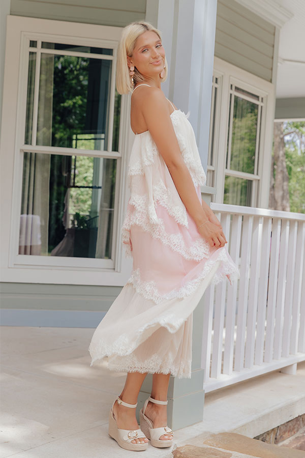 Moonlit Romance Tiered Lace Trim Midi Dress Image - 3