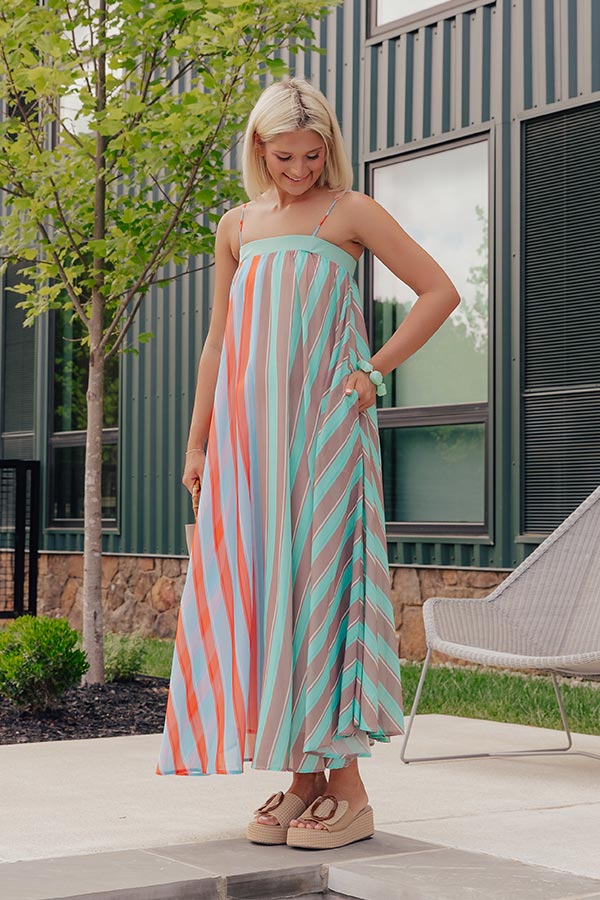 Playful Personality Color Block Stripe Maxi Dress in Seaglass Image - 4