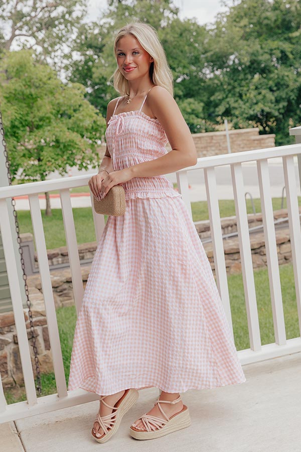 French Cottage Smocked Gingham Maxi Dress S / peach