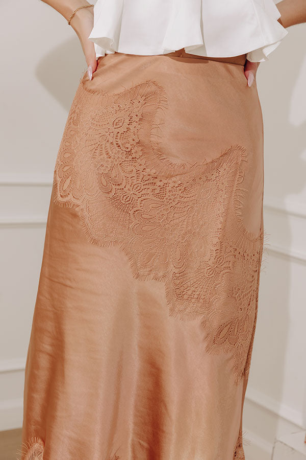 Feeling Luxurious High Waist Satin Lace Trim Midi Skirt Image - 3