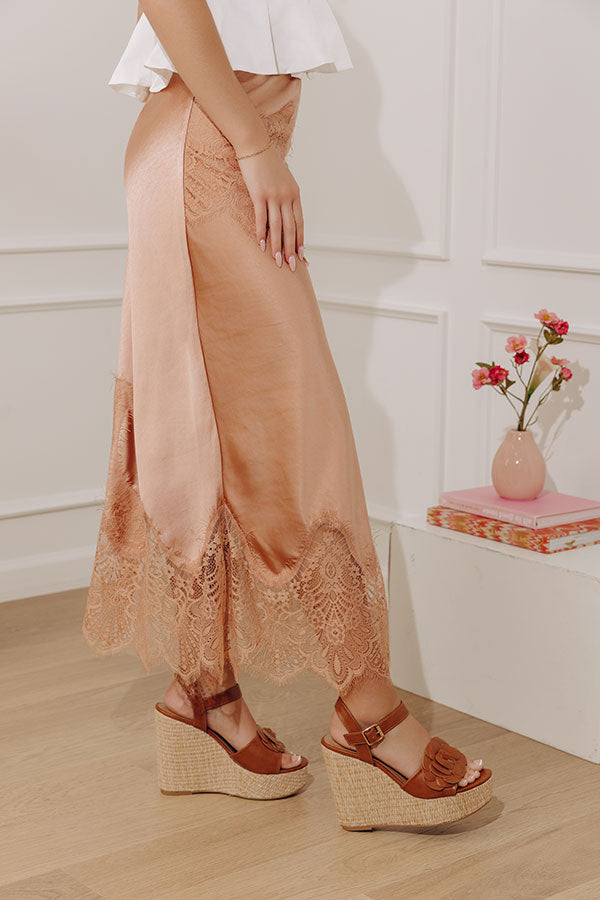 Feeling Luxurious High Waist Satin Lace Trim Midi Skirt Image - 4