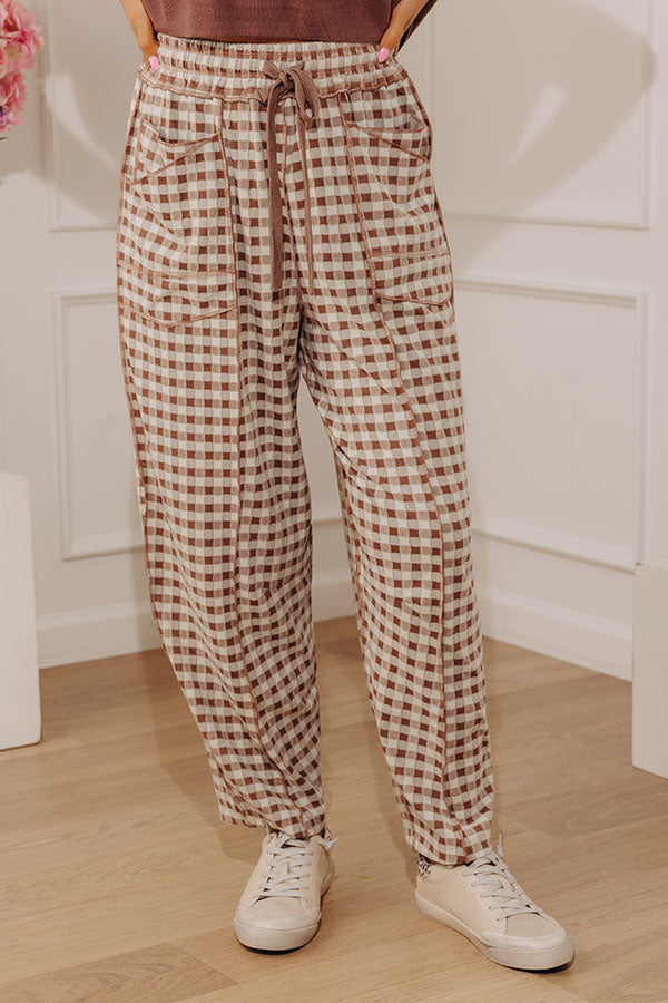 The Callie High Waist Checkered Barrel Leg Pants in Mocha Image - 3