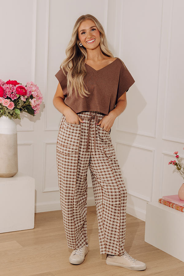 The Callie High Waist Checkered Barrel Leg Pants in Mocha Image - 2