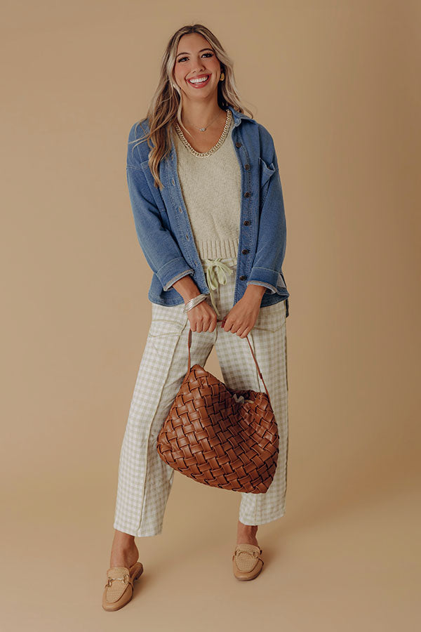 The Callie High Waist Checkered Barrel Leg Pants in Light Sage Image - 2