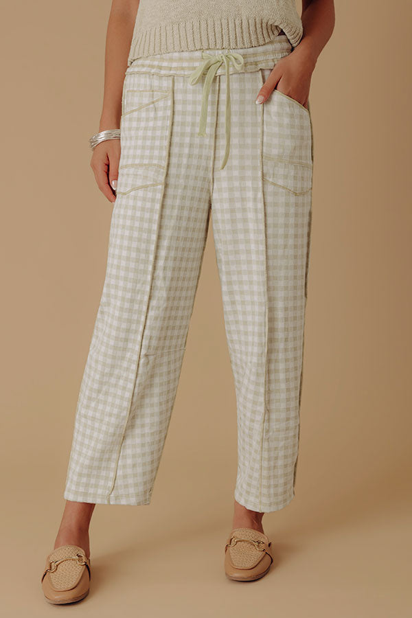 The Callie High Waist Checkered Barrel Leg Pants in Light Sage Image - 1