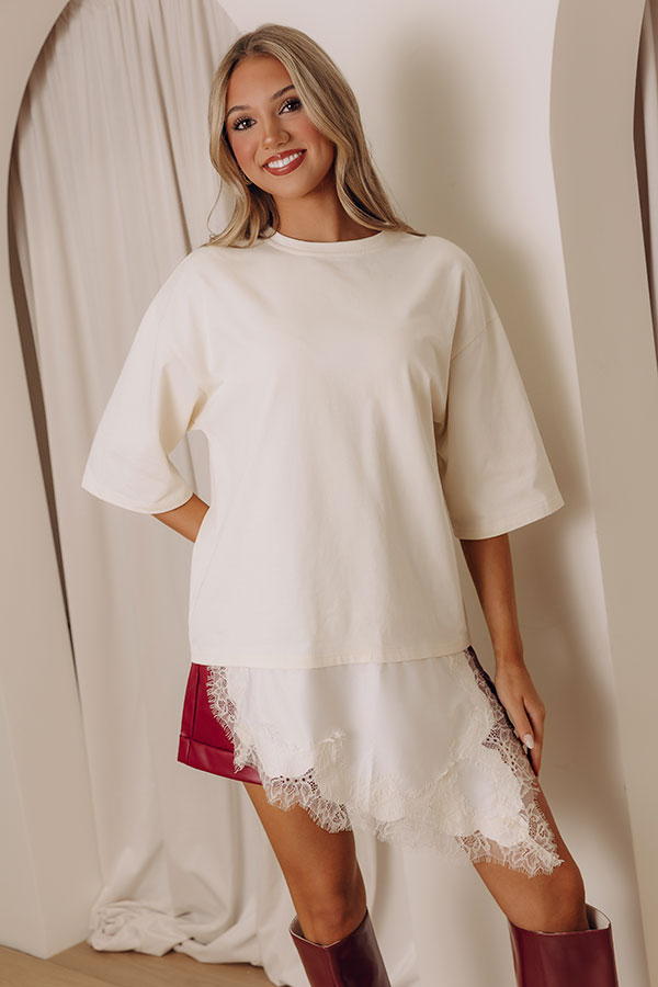 Times Square Chic Asymmetrical Lace Trim Top in French Vanilla Image - 2