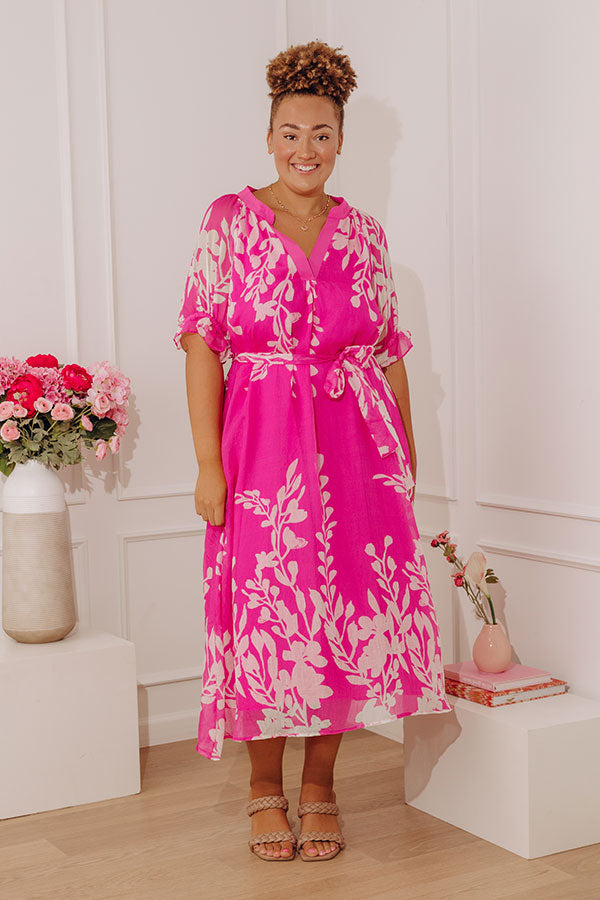 hot pink silk midi dress Hot Pink Ruched Satin Midi Dress