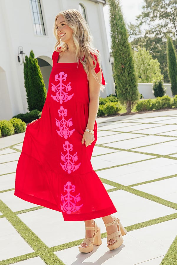 St. Tropez Garden Embroidered Midi Dress in Red Image - 2