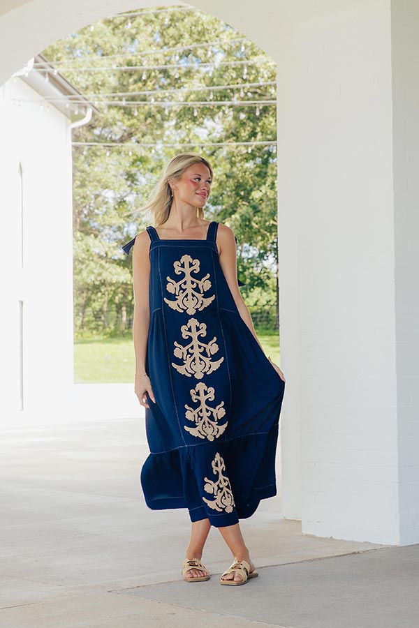St. Tropez Garden Embroidered Midi Dress in Navy Image - 1