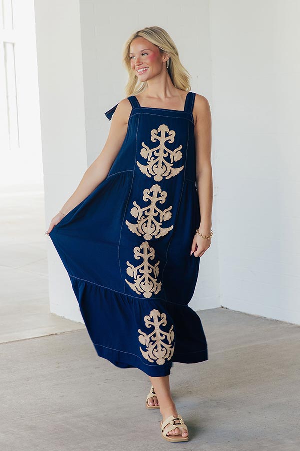 St. Tropez Garden Embroidered Midi Dress in Navy Image - 5