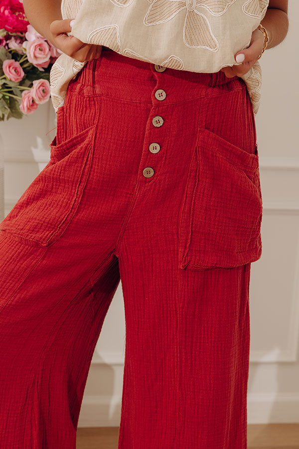 The Odette High Waist Gauze Wide Leg Pants in Brick Red Image - 3