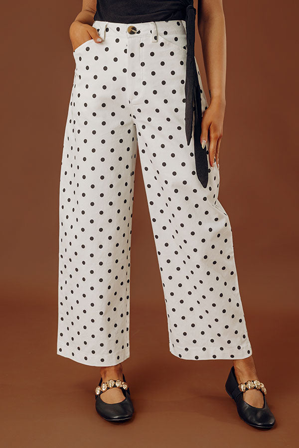 The Sophie High Waist Barrel Leg Polka Dot Pants in White Image - 2