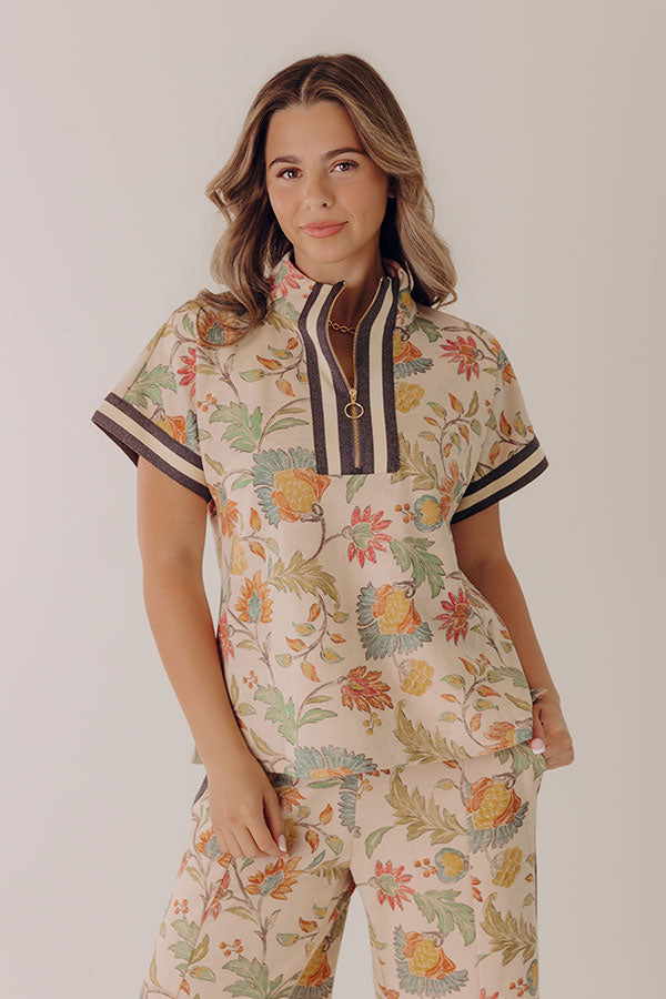 Botanical Club Floral Quarter Zip Top in Oatmeal Image - 1