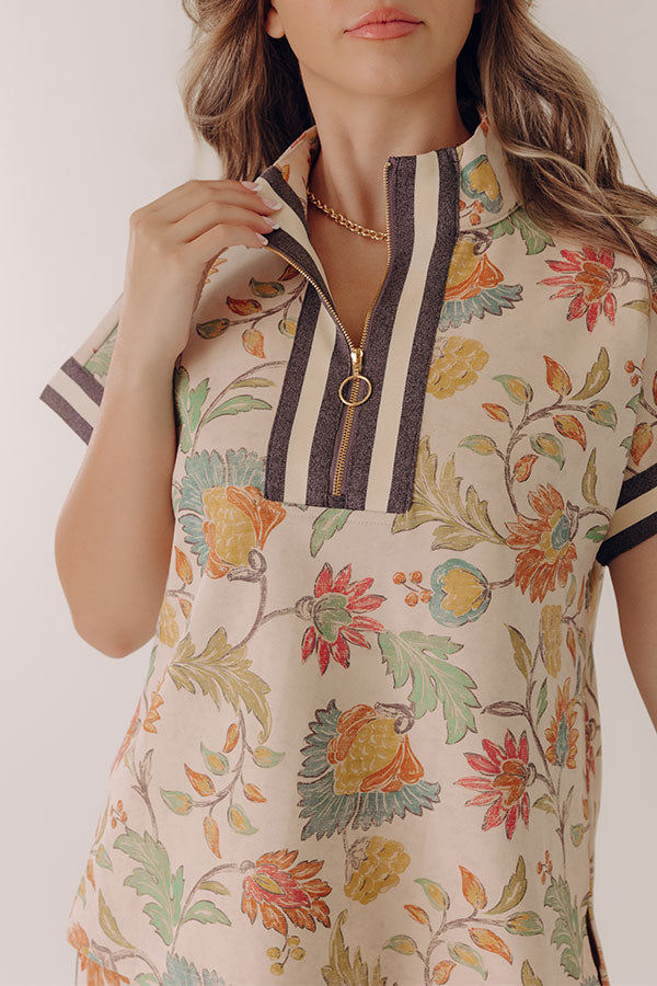 Botanical Club Floral Quarter Zip Top in Oatmeal Image - 5