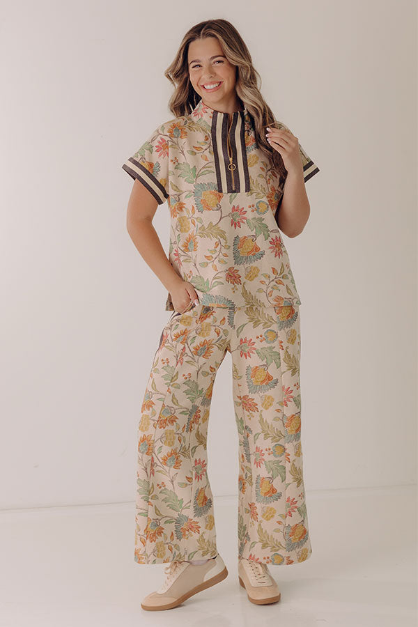 Botanical Club Floral Quarter Zip Top in Oatmeal