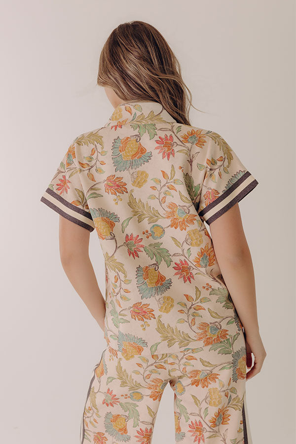 Botanical Club Floral Quarter Zip Top in Oatmeal Image - 4