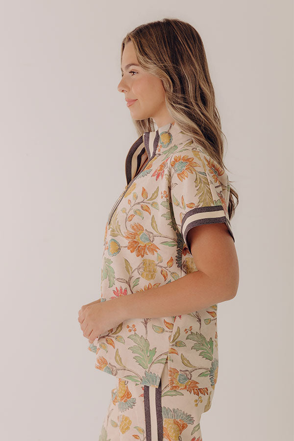Botanical Club Floral Quarter Zip Top in Oatmeal Image - 3
