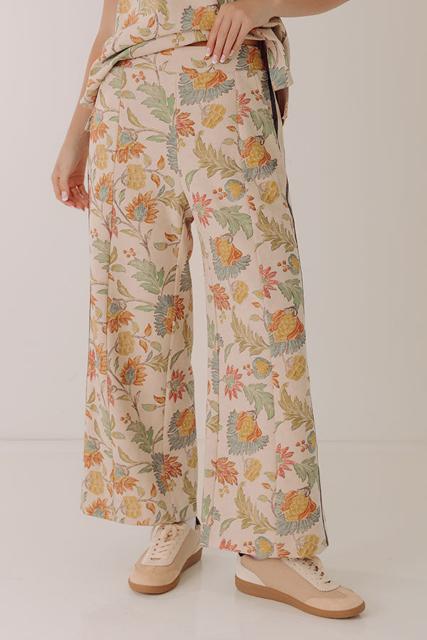 Botanical Club High Waist Floral Wide Leg Pants in Oatmeal Image - 1