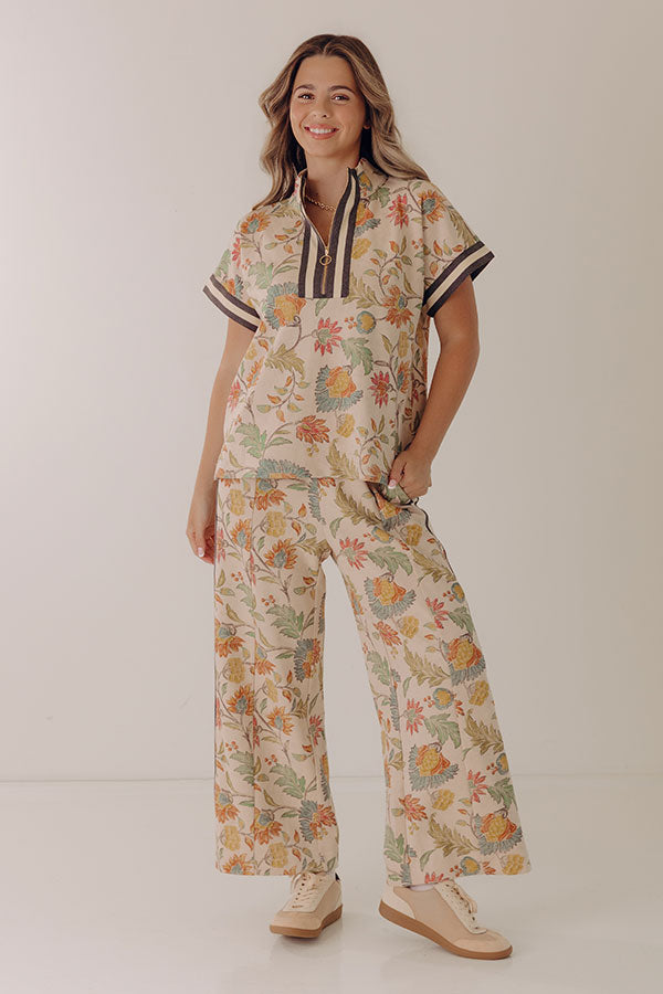 Botanical Club High Waist Floral Wide Leg Pants in Oatmeal Image - 2