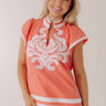 European Cruise Linen-Blend Embroidered Top in Coral Pink Image - 1