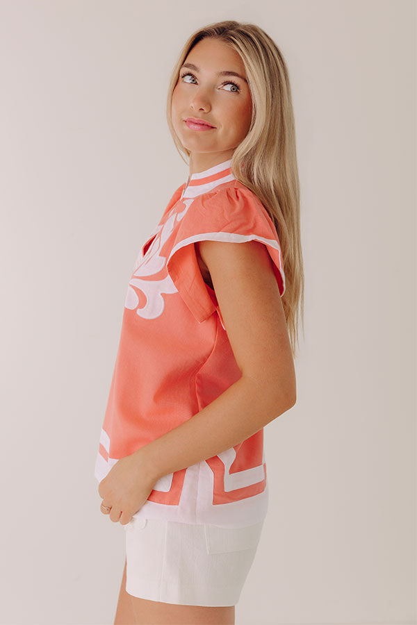 European Cruise Linen-Blend Embroidered Top in Coral Pink Image - 4
