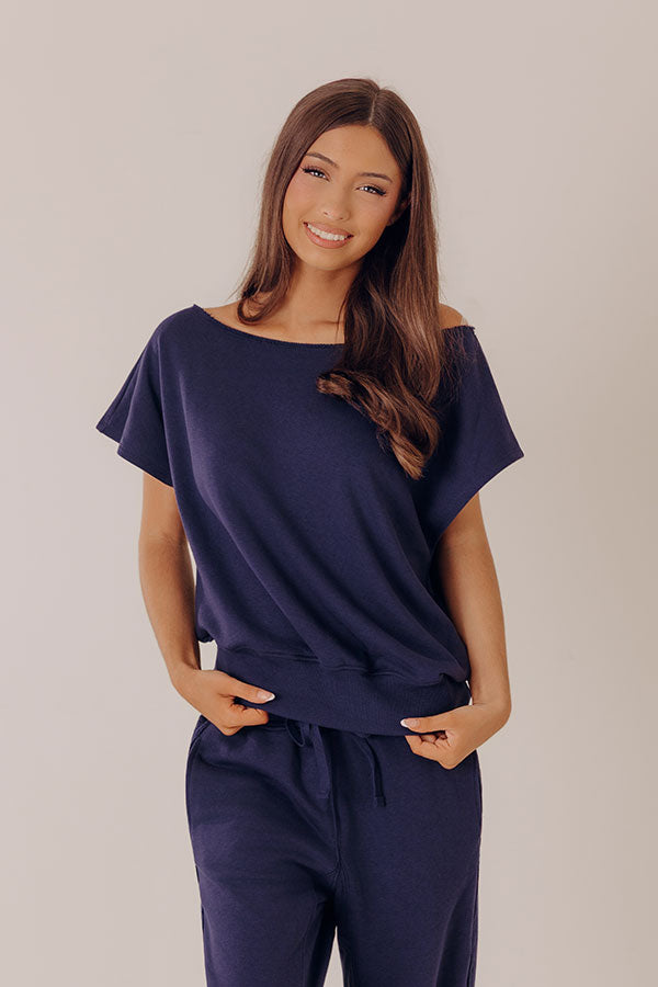 Casual Ease Off Shoulder Terry Top in Navy