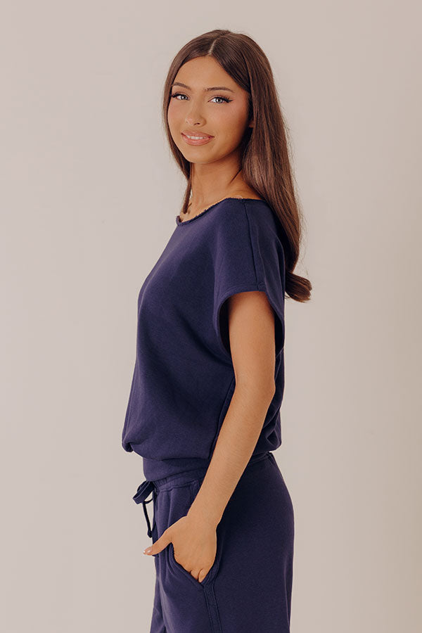 Casual Ease Off Shoulder Terry Top in Navy Image - 4