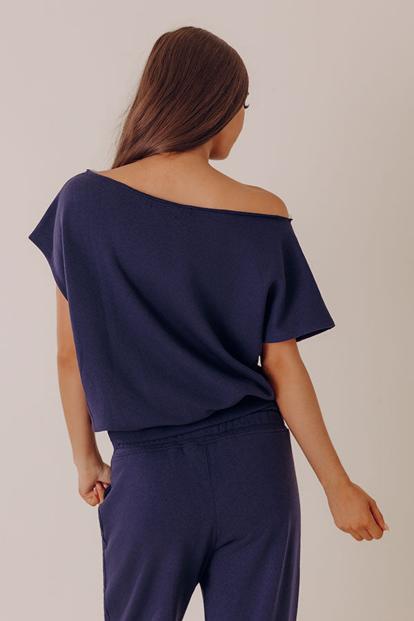 Casual Ease Off Shoulder Terry Top in Navy Image - 5