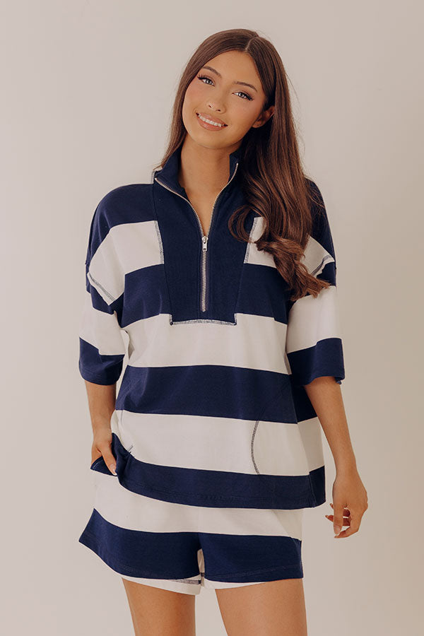 Simple Staple Quarter Zip Stripe Top in Navy