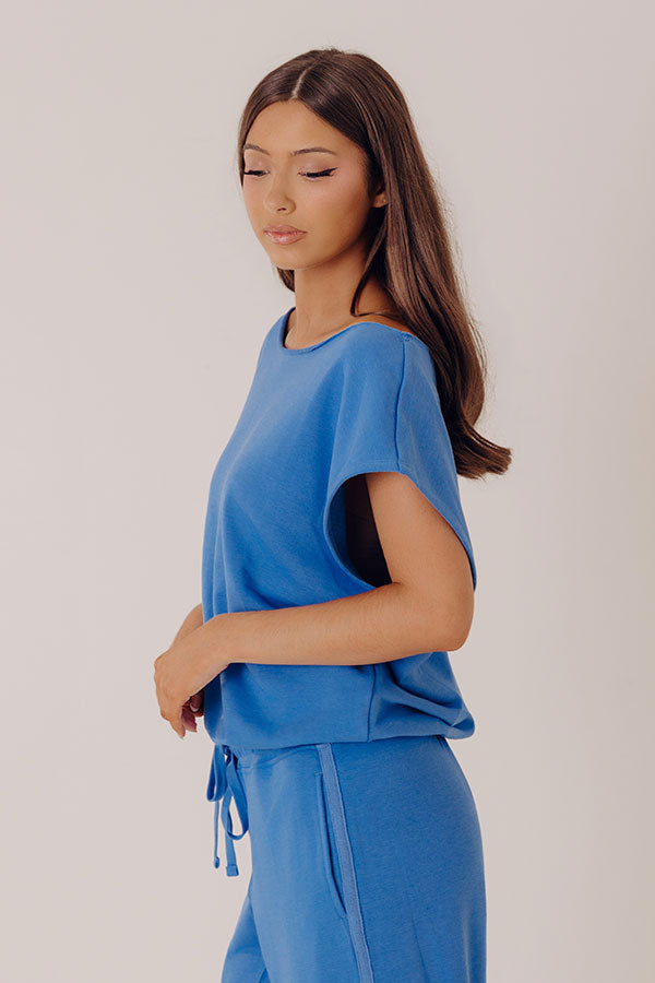 Casual Ease Off Shoulder Terry Top in Ocean Blue Image - 4