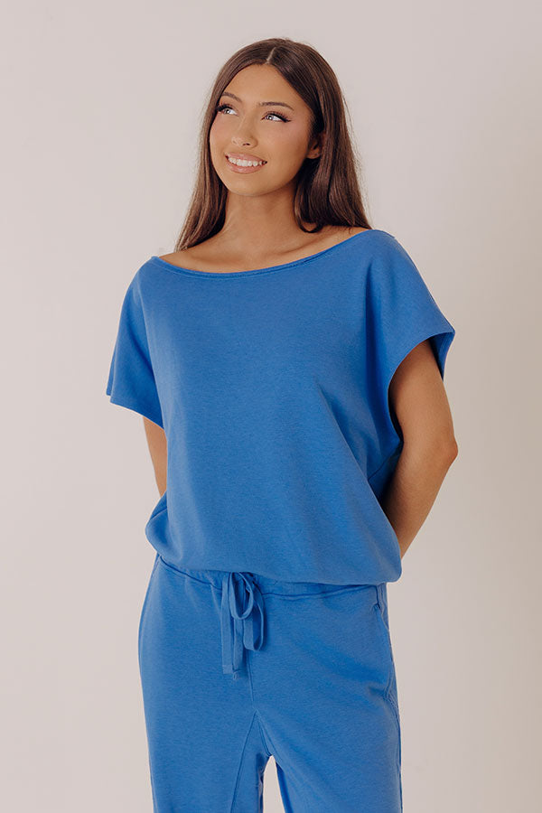 Casual Ease Off Shoulder Terry Top in Ocean Blue Image - 1