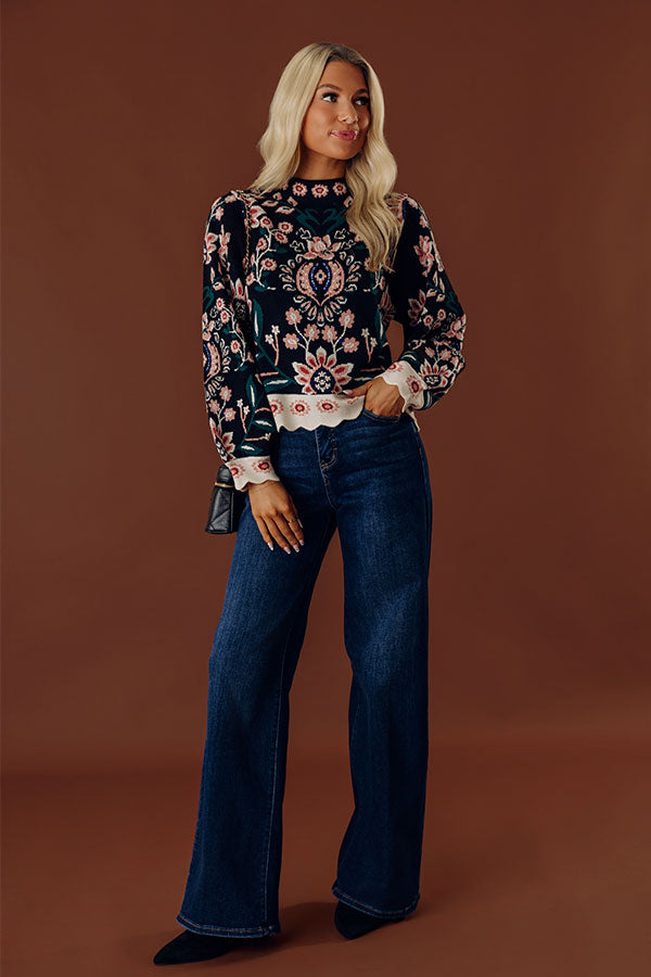 Classic Blooms Floral Knit Sweater Top in Black Image - 2
