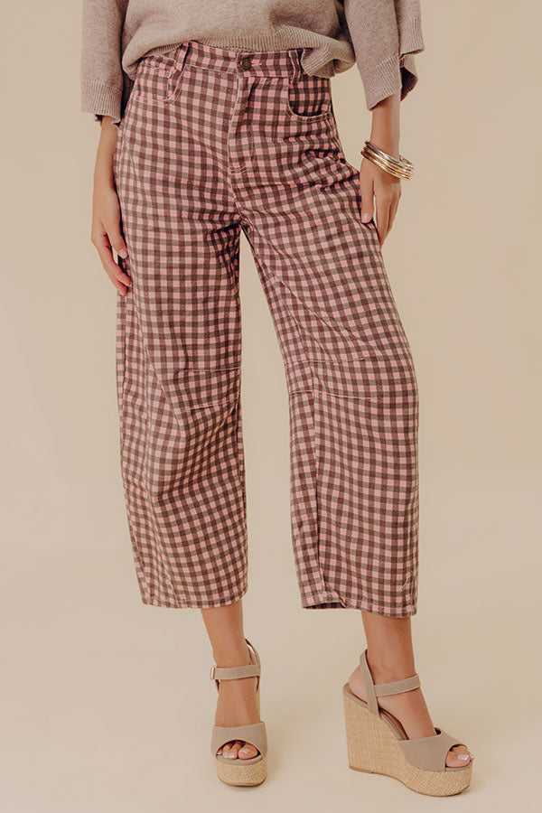 Picnic Date Midrise Gingham Barrel Jeans in Brown/Pink Image - 2