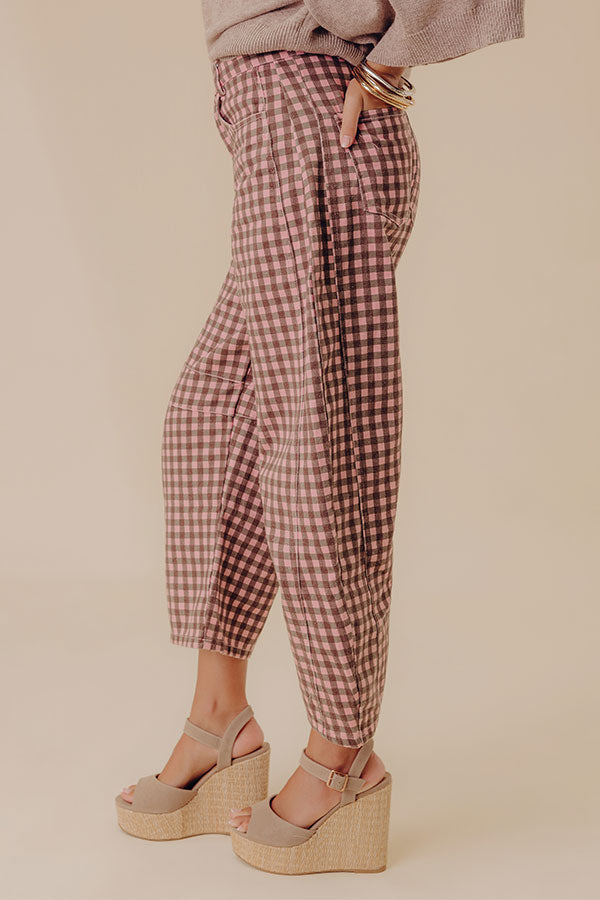 Picnic Date Midrise Gingham Barrel Jeans in Brown/Pink Image - 3