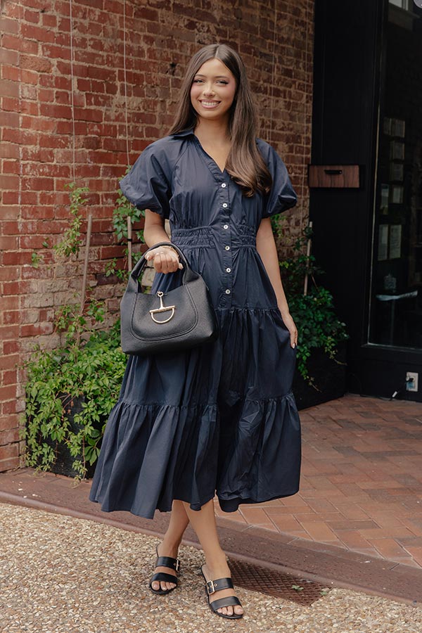 Bistro Charm Button Down Midi Dress in Navy Image - 1
